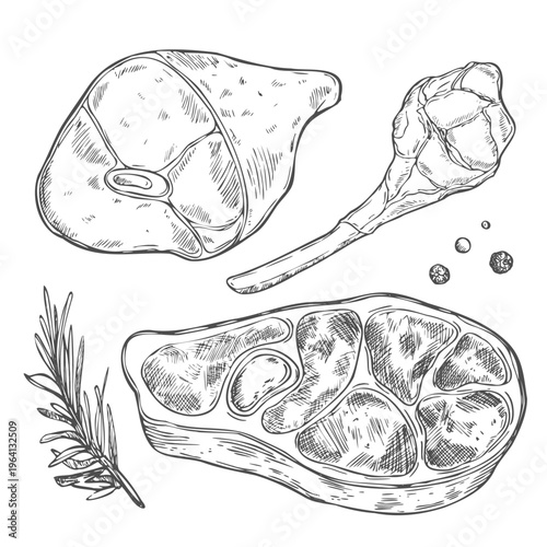 Hand-drawn vector illustration set of various meat products, including raw steak, bacon strips, sausages, sliced ham, and blocks of meat. Perfect for butcher shops, deli menus, or any food-related.