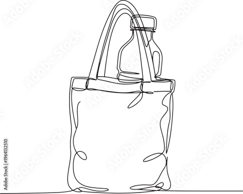 Minimalist continuous line drawing of an eco-friendly reusable tote bag with a water bottle, representing sustainable living and conscious efforts to reduce environmental footprint