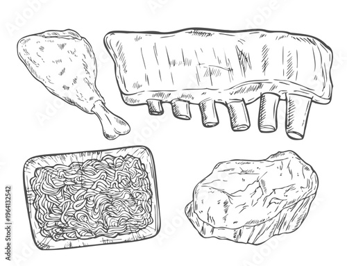 Hand-drawn vector illustration set of various meat products, including raw steak, bacon strips, sausages, sliced ham, and blocks of meat. Perfect for butcher shops, deli menus, or any food-related.