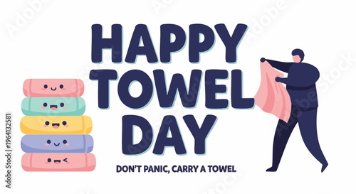 Man holding pink towel on Happy Towel Day in colorful cartoon style with bright vibrant lighting for World Environment Day