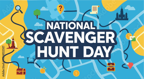 National Scavenger Hunt Day map illustration in colorful playful style with bright lighting for event promotion