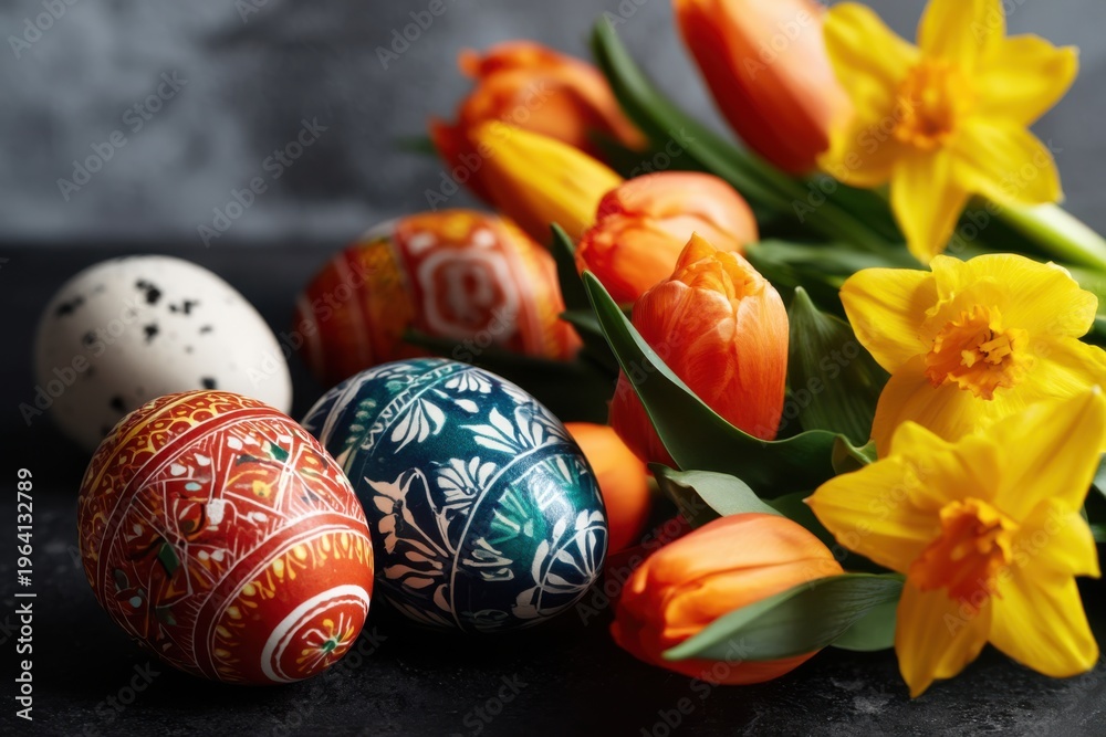 Fototapeta premium Top View of Spring Flowers and Easter Eggs Decor