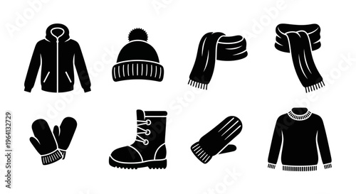 Winter Clothing Icons Set: Jacket, Hat, Scarves, Mittens, Boots, Sweater