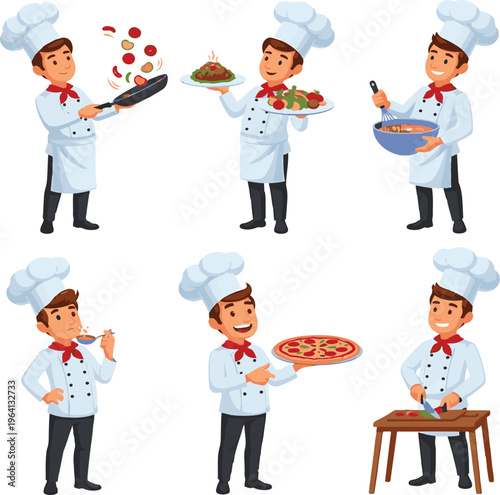 Chefs preparing and presenting various dishes in a joyful kitchen setting Vector