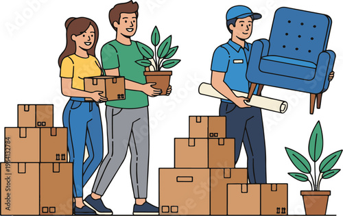 A group of people working together to move and organize household items into boxes Vector