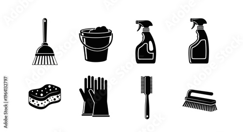 Cleaning Supplies Icons Set: Broom, Bucket, Sprays, Gloves, Sponge, Brushes
