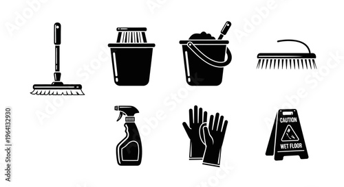 Cleaning Supplies Icons Set: Mop, Buckets, Brush, Gloves, Spray Bottle, Wet Floor Sign