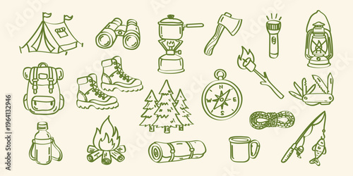 Outline camping vector illustration set with hand drawn sketch elements for posters, stickers and branding