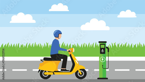 Person riding a yellow scooter near an electric charging station on a sunny day Vector