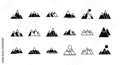 Mountain Icons Set: Diverse Peaks, Summits, and Landscapes in Black and White Vector Graphics