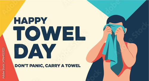 Man holding blue towel in front of face on colorful background for World Towel Day in humorous quirky style with bright vibrant lighting for social media