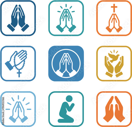 Praying Hands Icon Set Flat Vector, Spiritual and Religious Symbols Collection