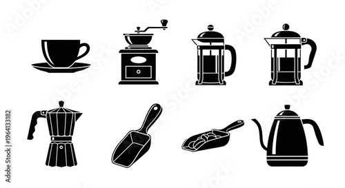 Coffee Making Tools Icons: Cup, Grinder, French Press, Moka Pot, Scoop, Kettle