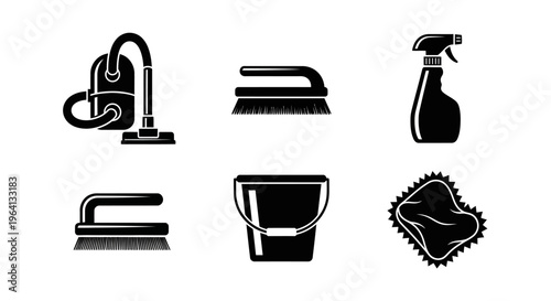 Cleaning Supplies Icons Set: Vacuum, Brushes, Spray Bottle, Bucket, Sponge