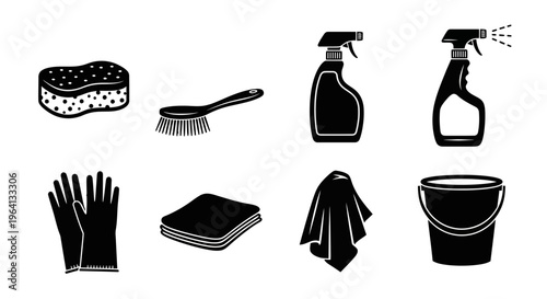 Cleaning Supplies Icons Set: Sponge, Brush, Sprays, Gloves, Cloth, Bucket