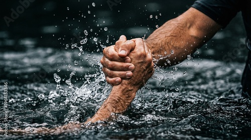 Strong handshake of two men over splashing water, helping hand or partnership concept
