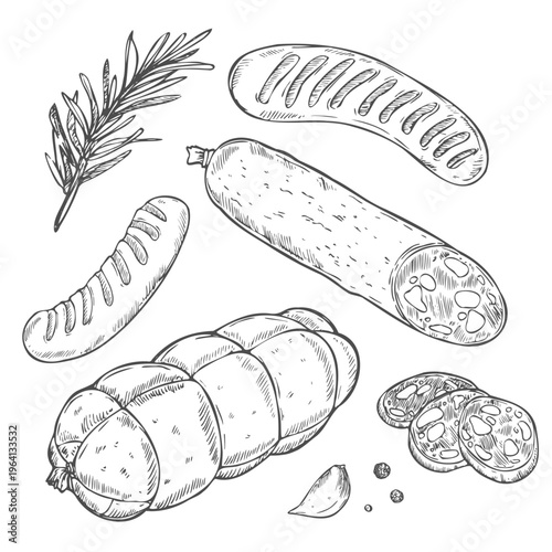Doodle sausage and salami ham sketch set, hand drawn food engraving.