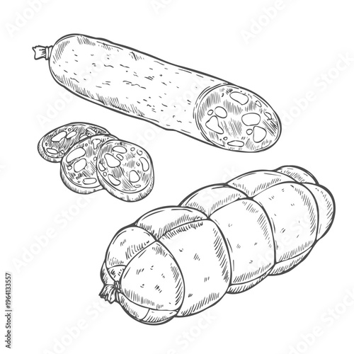 Doodle sausage and salami ham sketch set, hand drawn food engraving.