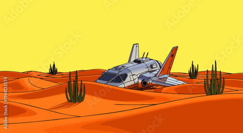 futuristic spaceship partially buried in vast desert sand dunes under a bright yellow sky a sci-fi scene.
