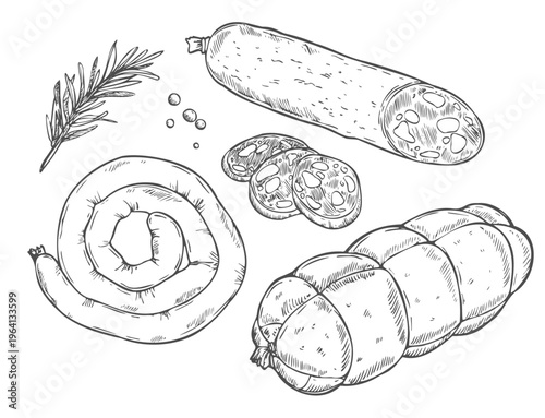 Doodle sausage and salami ham sketch set, hand drawn food engraving.