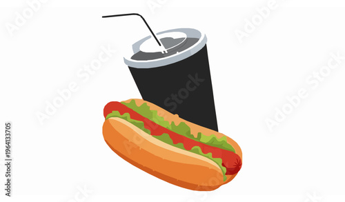 Stylish soda cup and hot dog with lettuce vector illustration in modern flat design isolated on white