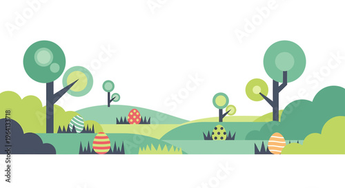 easter egg hunt modern flat design spring landscape with colorful decorated eggs for holiday celebration.