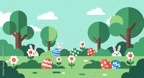 easter egg hunt flat design illustration featuring cute easter bunnies and colorful spring eggs in a vibrant green park