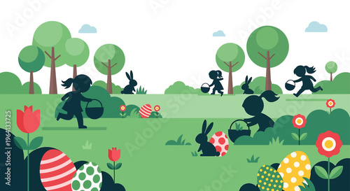 easter egg hunt with children and bunnies enjoying a spring holiday in the park a cheerful celebration scene.