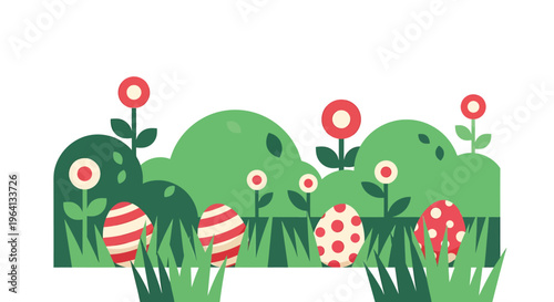 easter egg hunt with colorful eggs hidden in a vibrant spring garden perfect for modern flat design holiday illustrations
