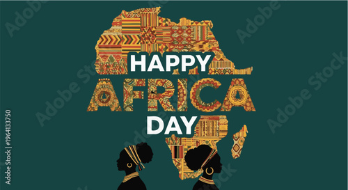 Happy Africa Day celebration with traditional African patterned map in gold on dark green background for cultural event