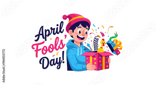 A cheerful cartoon boy in a colorful outfit opening a gift box on April Fools' Day with a prank concept and humorous illustrations.