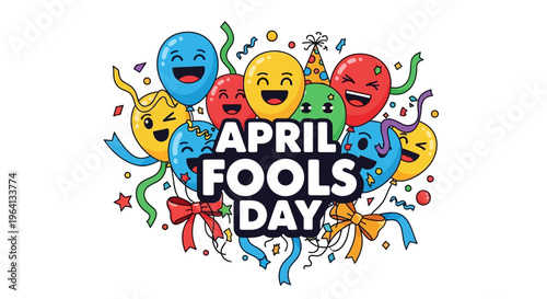 Colorful April Fools Day design with laughing emojis and confetti on a playful prank concept background.