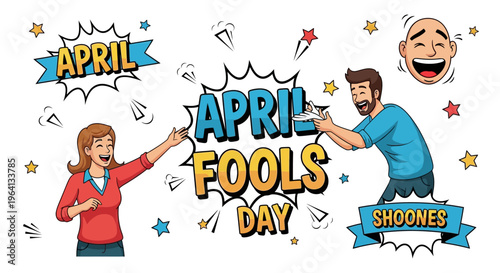 Cartoon illustration of a man and woman playing an April Fools' Day prank on each other with colorful design elements and humorous expressions on a white background.