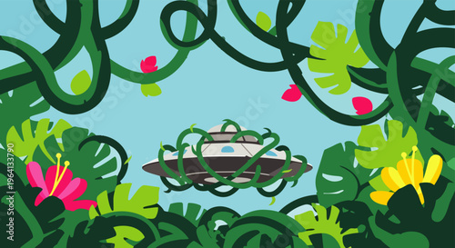 ufo flying saucer overgrown by lush green jungle vines with vibrant pink and yellow flowers a whimsical cartoon illustration.