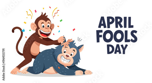 Illustration of a playful monkey pranking a man on April Fools' Day with colorful confetti, conveying a funny and humorous mood.