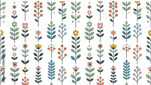Minimalist scandinavian floral pattern with simple flower sprigs berries and leaves in nordic folk art style vector illustration