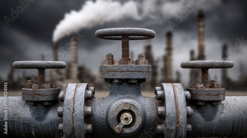 Industrial Valve on a Pipeline with Smoky Skies in the Background and Refinery Structures Amidst Dark Clouds