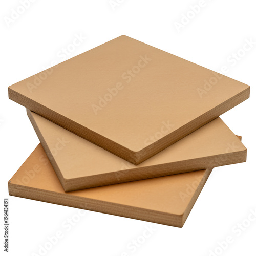 Stack of three brown square boards with wood grain isolated on a transparent background