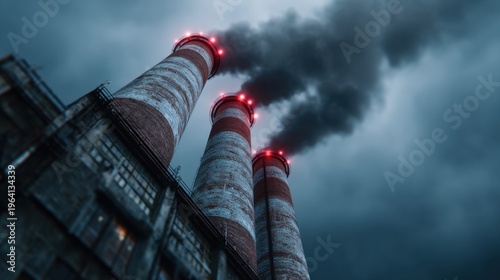 Industrial smokestacks emitting dark smoke against a dramatic sky with glowing lights, capturing environmental impact and industry