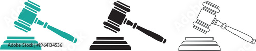 Gavel Icon Set, Justice Symbol in Teal, Black, and Outline Styles