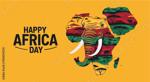 African elephant in colorful kente cloth pattern on yellow background for Africa Day celebration