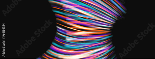 Abstract colorful lines forming human torso shape. Vibrant waves create dynamic visual effect. Dark background emphasizes bright colors.