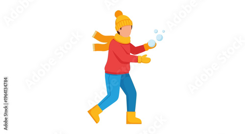 Playful Winter Fun Flat Design Illustration of a Person Joyfully Throwing Snowballs on a Cold Winter Day