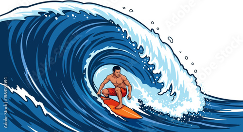 Dynamic illustration of a skilled surfer riding a powerful ocean wave, capturing the thrill and adventure of extreme water sports in a vibrant tropical setting