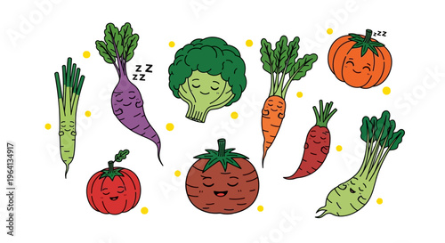 Cute sleeping and smiling vegetables illustration on a white background