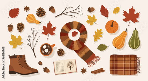 Warm and Cozy Autumn Collection Flat Lay with Fall Leaves, Pumpkins, Scarf, Boots, and Hot Chocolate for Seasonal Comfort