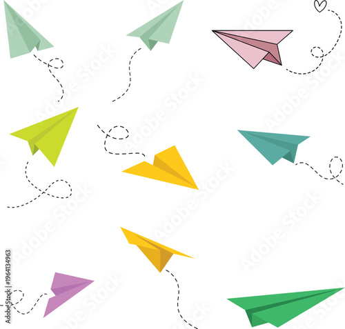 Paper airplane flying with a dotted line Illustration of blue paper plane arrows and dotted line paths featuring origami aircraft and simplistic airplane with dash trajectory trails symbolizing cute