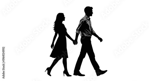 Silhouette of a couple walking hand in hand against a white background