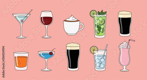 Collection of various colorful drinks and beverages in glasses