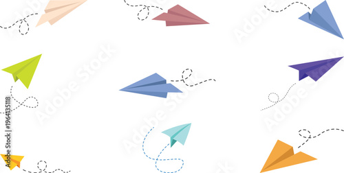 Paper airplane flying with a dotted line Illustration of blue paper plane arrows and dotted line paths featuring origami aircraft and simplistic airplane with dash trajectory trails symbolizing cute